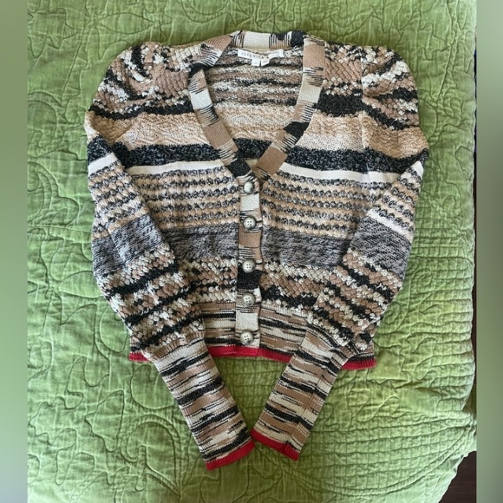 Veronica Beard Cecily Puff Sleeve Neutrals and Red Cardigan Small